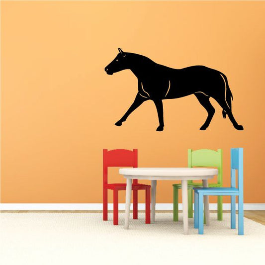 Pacing stride horse decal, black running horse silhouette with white outline