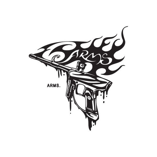 Graffiti paintball gun decal, black flame design with dripping details and ARMS text