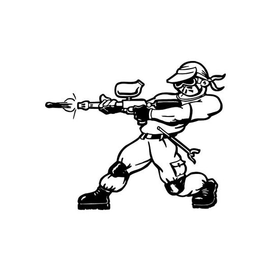Paintball player decal of cartoon figure holding paintball marker, helmet and gloves