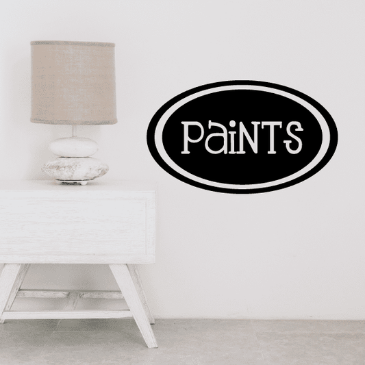 Paints oval decal with white 'Paints' lettering on black oval.