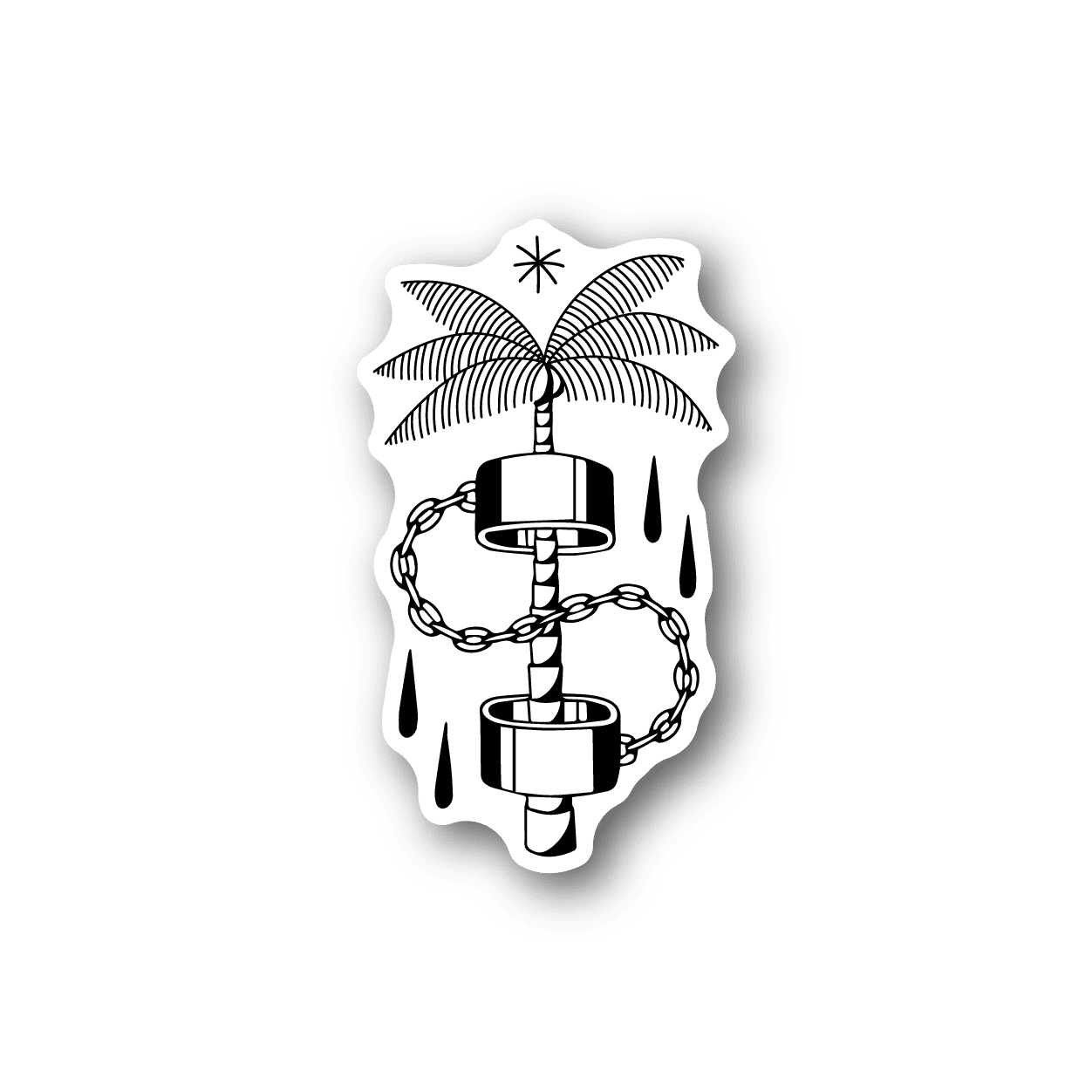 Vinyl sticker with palm tree and handcuffs graphic, black and white