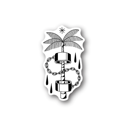 Vinyl sticker with palm tree and handcuffs graphic, black and white