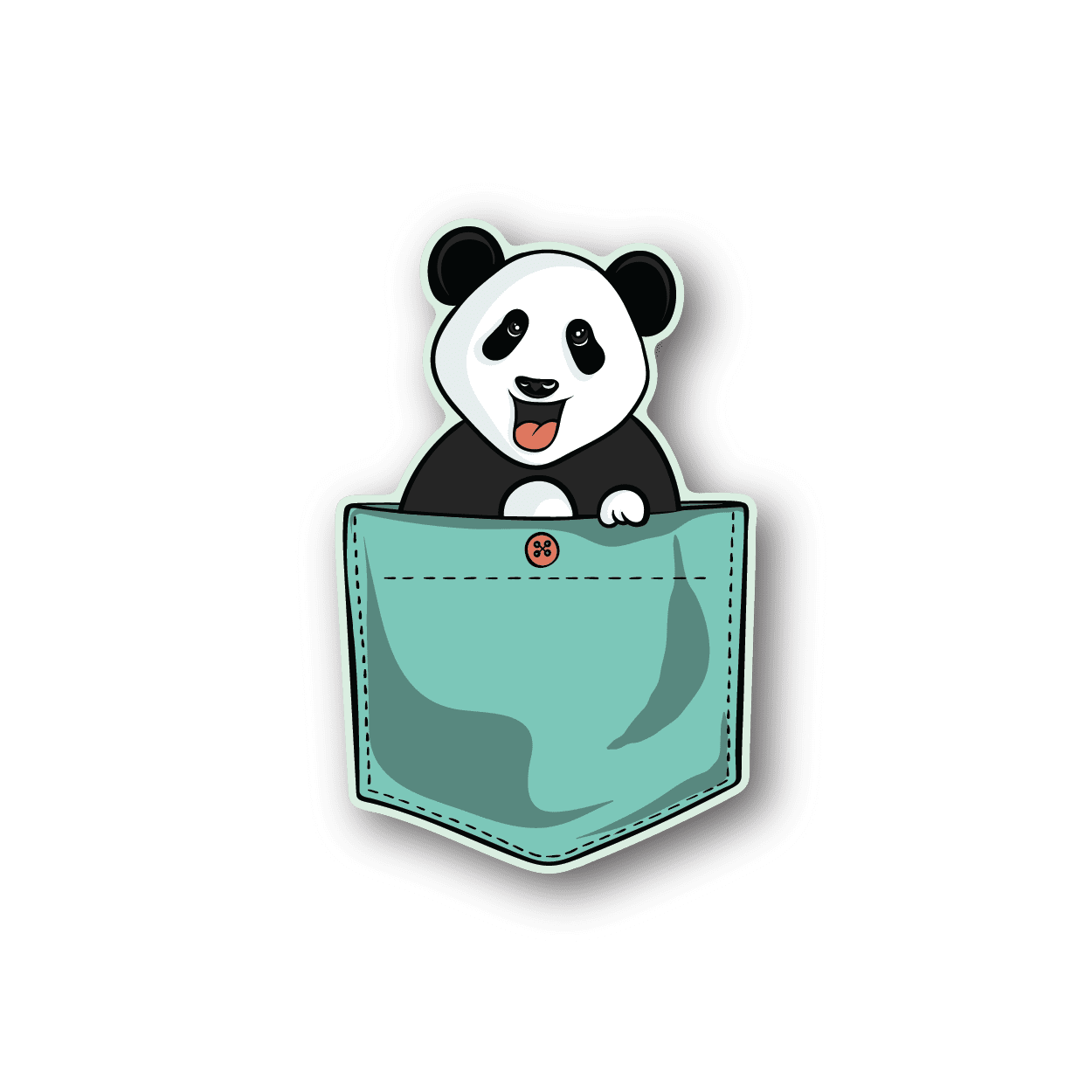 Panda pocket vinyl sticker with teal pocket and smiling black-and-white panda face