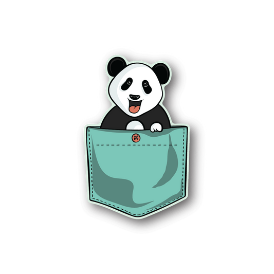 Panda pocket vinyl sticker with teal pocket and smiling black-and-white panda face