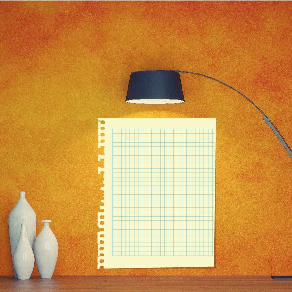 White grid paper notebook wall decal with black binding and blue curved line