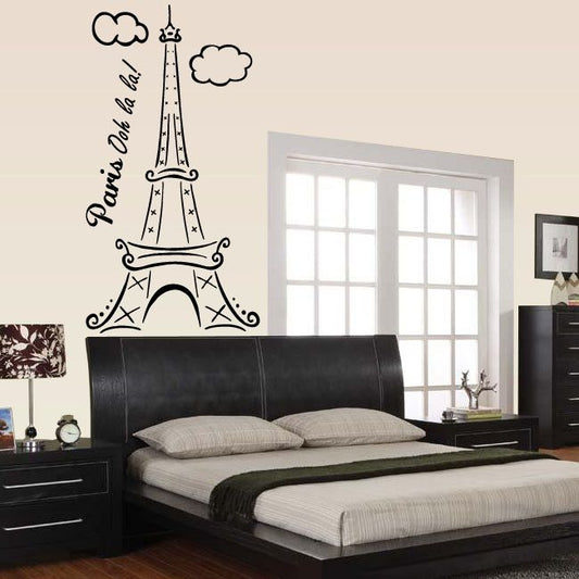 Eiffel Tower wall decal with clouds and cursive Paris lettering, black