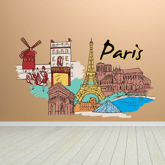 Paris sticker with Eiffel Tower, Notre Dame, and red windmill illustration