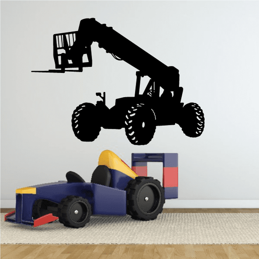 Telescopic forklift decal with blue base and yellow accents