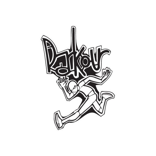 Parkour graffiti wall decal with bold black lettering and jumping skater outline
