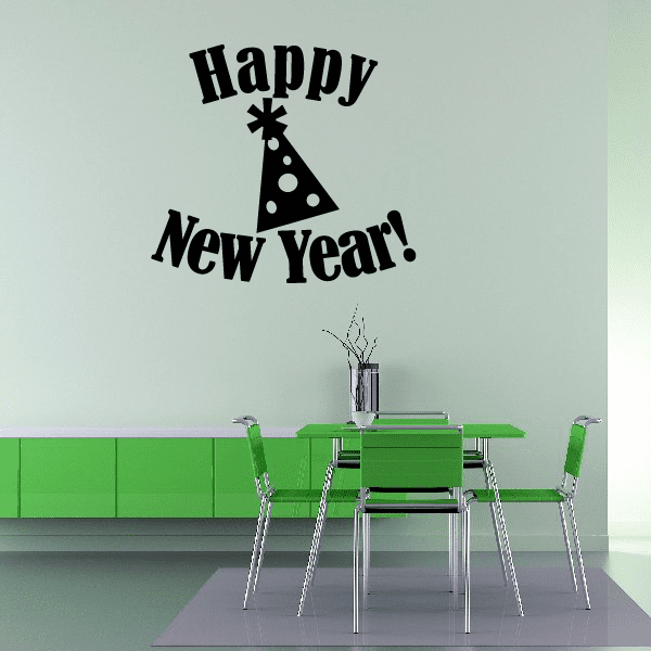 Happy New Year decal with black text and party hat icon