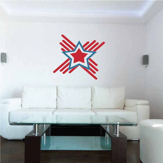 Patriotic star printed die cut decal with red rays and blue star center