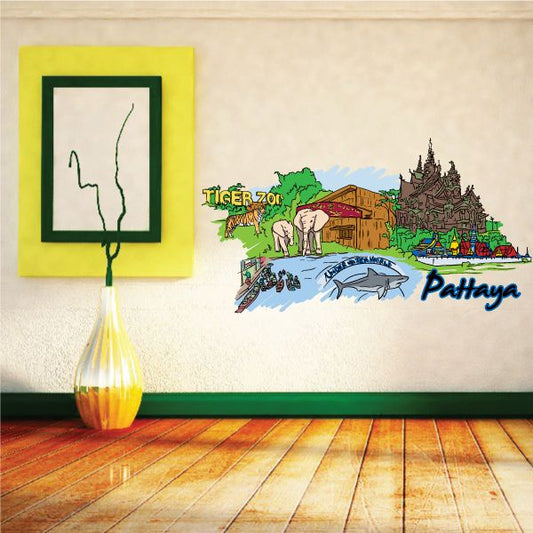Pattaya sticker with illustrated skyline, animals, and text