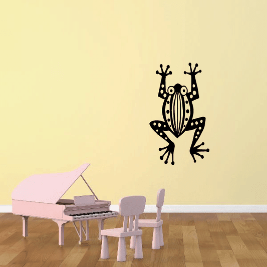 Patterned frog wall decal with striped belly and star dots, black silhouette