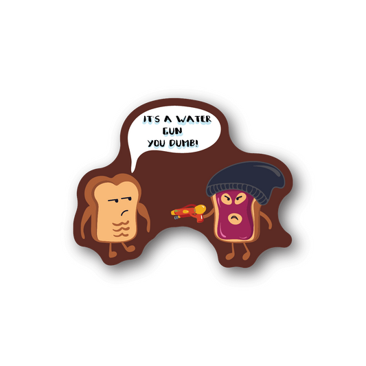 Vinyl sticker with two cartoon faces, one wearing a beanie, with speech text.