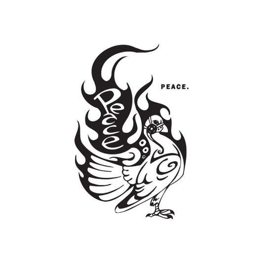Graffiti dove decal with black and white flames and the word “PEACE.”