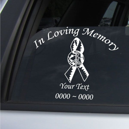 Memorial window decal with "In Loving Memory" text, feather icon, and custom "Your Text"
