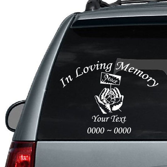 In loving memory car decal with peace emblem and custom text on black background