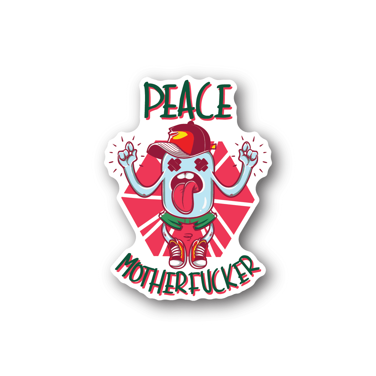 White vinyl sticker with red cartoon astronaut and 'PEACE MOTHERFUCKER' text