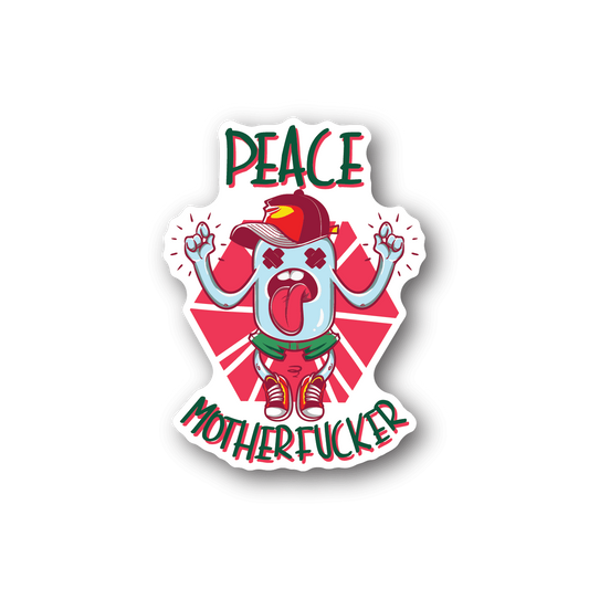 White vinyl sticker with red cartoon astronaut and 'PEACE MOTHERFUCKER' text
