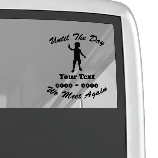 Memorial decal with peace sign boy silhouette and 'We Meet Again' text, custom lines
