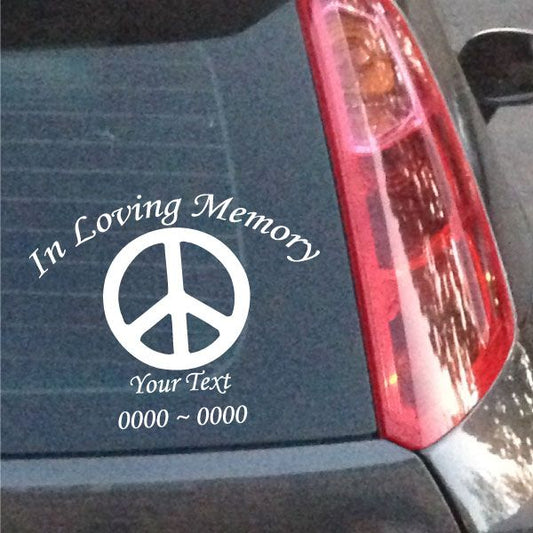 Peace sign memorial decal, white In Loving Memory and custom text