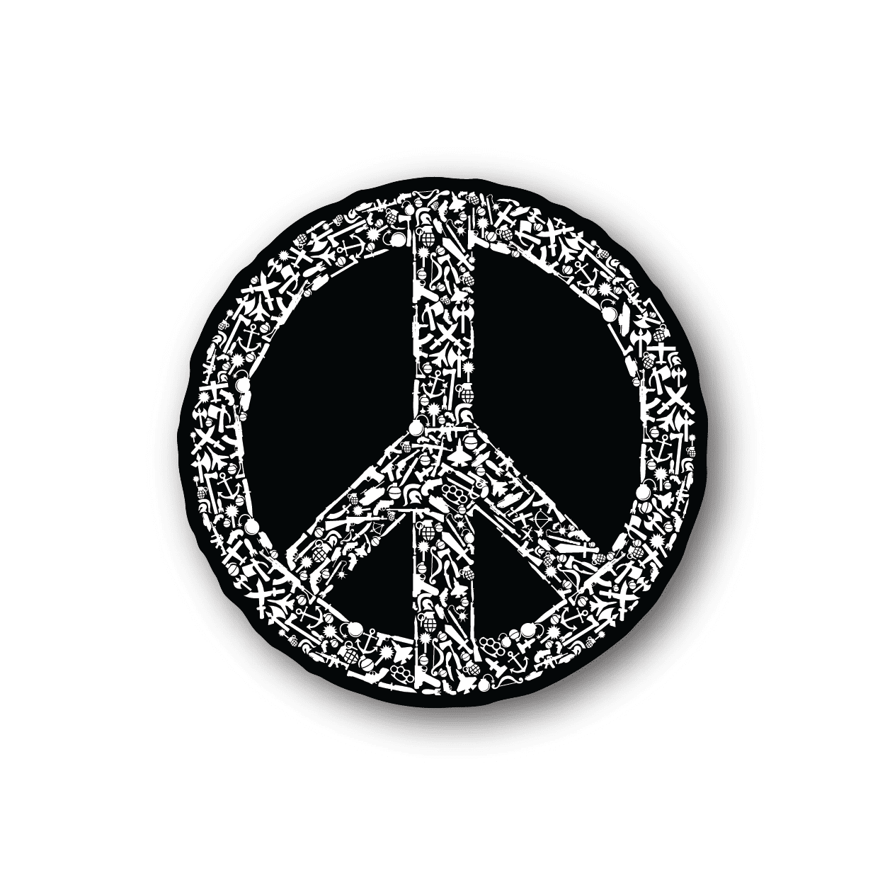 Vinyl sticker, black circular Peace sign with white weapons collage graphic