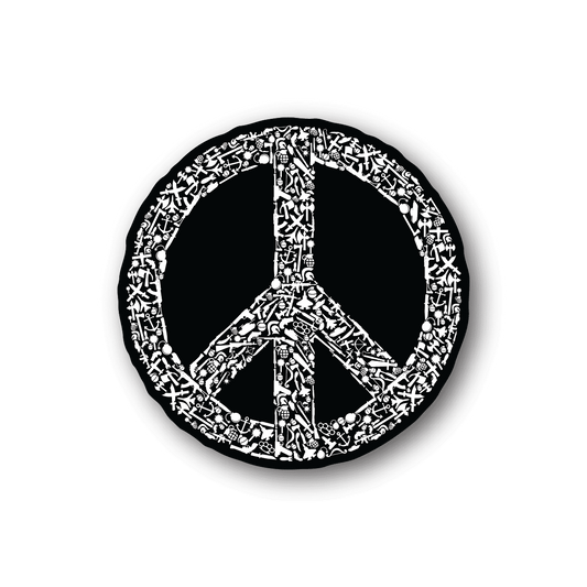 Vinyl sticker, black circular Peace sign with white weapons collage graphic
