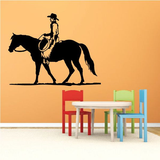 Cowboy riding horse wall decal, black silhouette