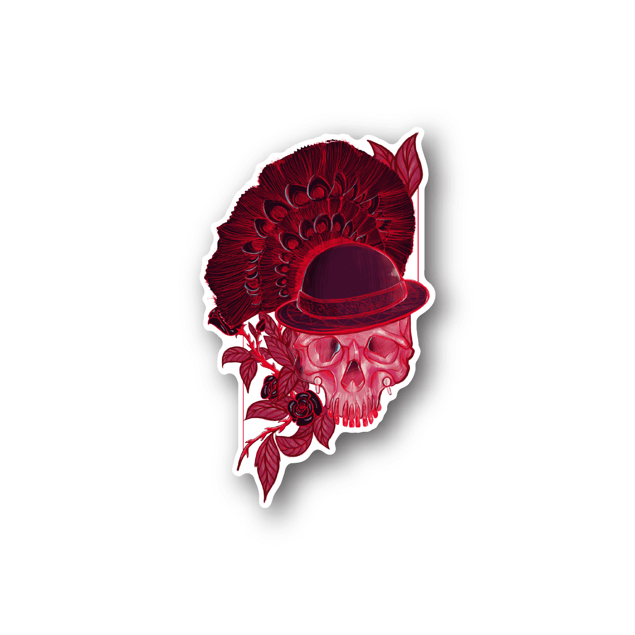 Vinyl skull sticker with red peacock plume, roses, and skull face, white outline