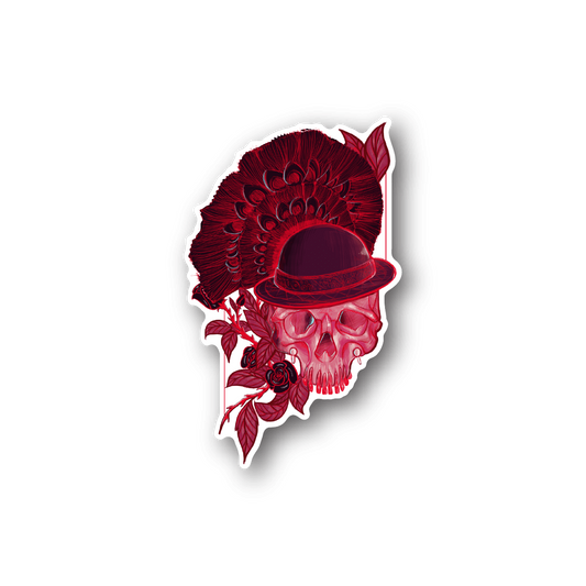 Vinyl skull sticker with red peacock plume, roses, and skull face, white outline