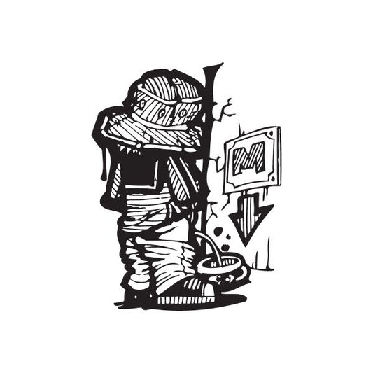 Black street-art decal of a graffiti tagger peeing, with tag elements