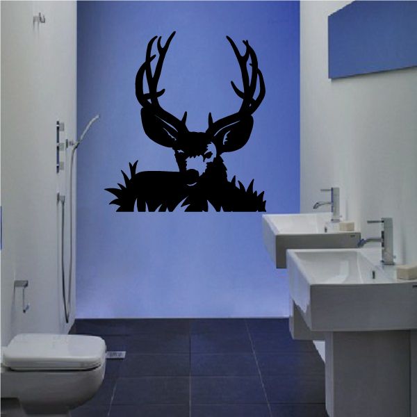 Black deer buck decal silhouette with antlers and grass