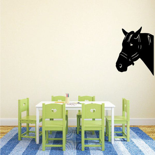 Peeking horse with reins decal featuring a black horse head with reins lines