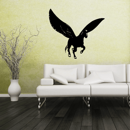 Black pegasus wall decal with wings spread, flying silhouette