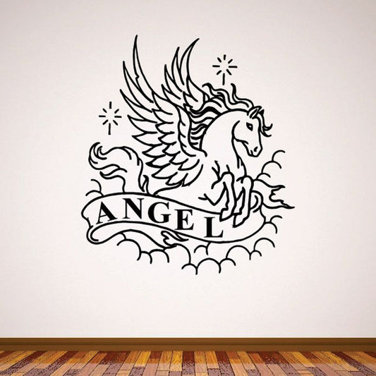 Pegasus unicorn wall decal with wings and angel banner, black vinyl line art