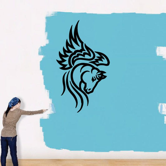 Pegasus wall decal vinyl sticker with black winged horse head and flame mane