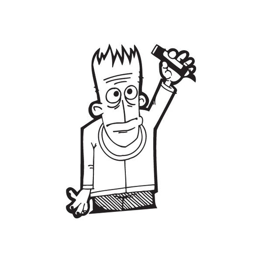 Pen graffiti artist decal, black-and-white cartoon holding a pen and spray can