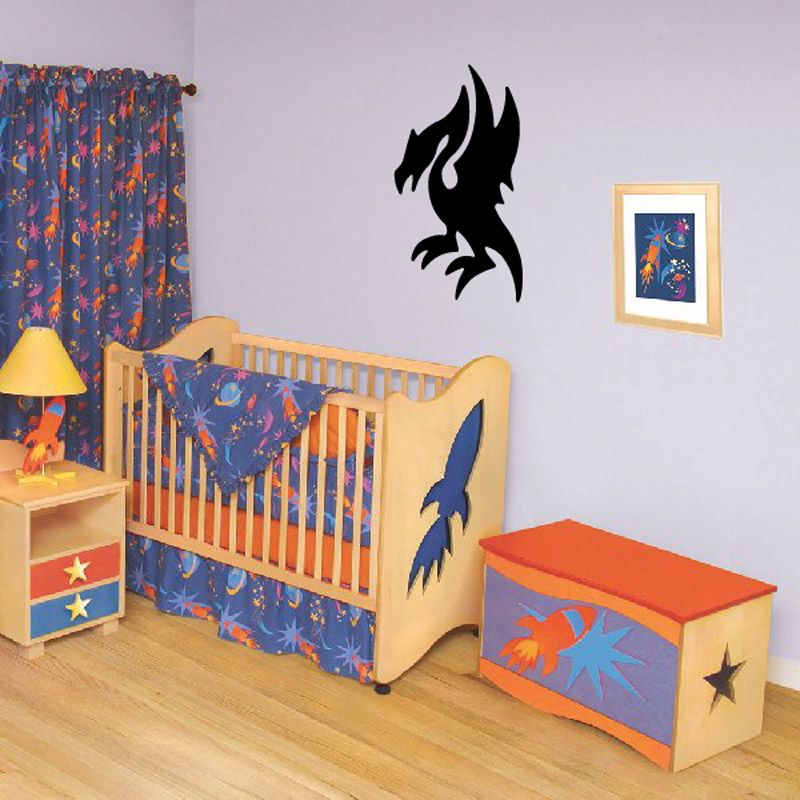 Black perched dragon wall decal silhouette with flame details