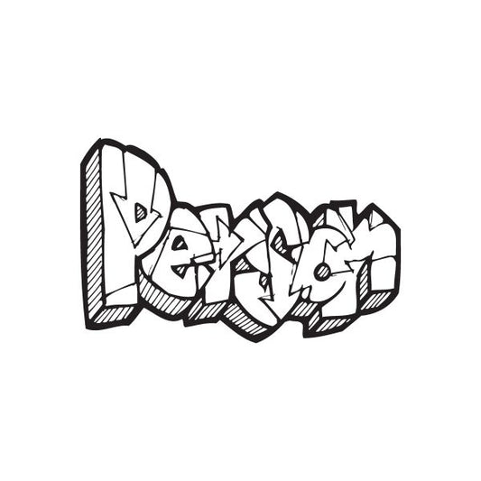 Graffiti person decal with black-and-white spray-style lettering