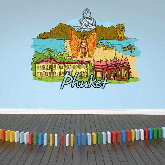 Phuket sticker with Buddha statue over colorful island and buildings, cursive Phuket text