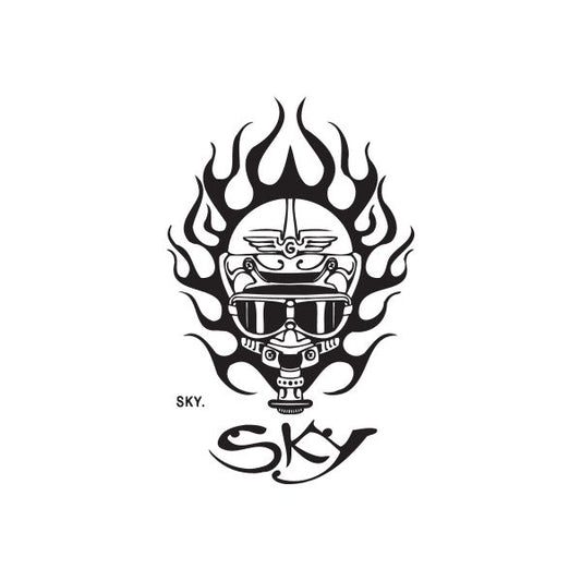 Graffiti pilot decal sticker with open book, flames, and SKY text in black