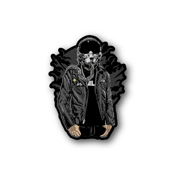 Pilot helmet vinyl sticker of a rider in jacket and helmet, black and gray design