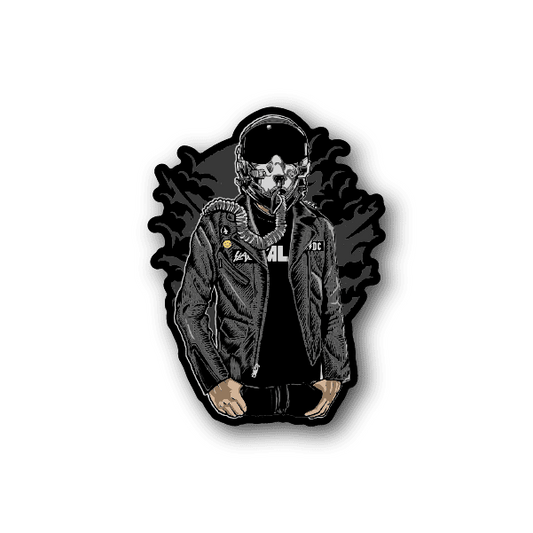 Pilot helmet vinyl sticker of a rider in jacket and helmet, black and gray design