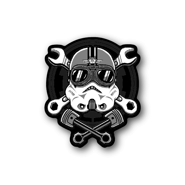 Pilot trooper vinyl sticker with helmet and goggles, crossed tools graphic