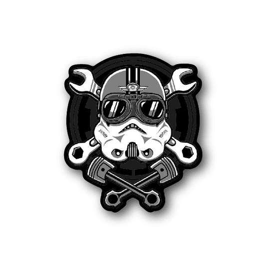 Pilot trooper vinyl sticker with helmet and goggles, crossed tools graphic