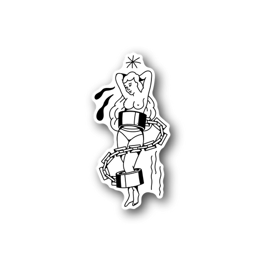 Vinyl sticker of pin-up woman with handcuffs, stylized white outline