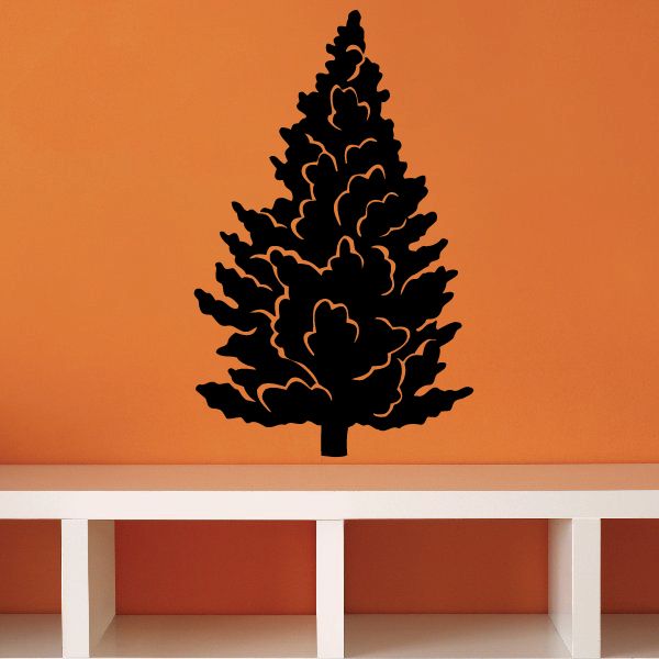 Pine tree wall decal, black vinyl silhouette on a wall