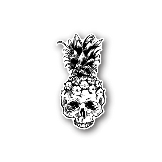 Skull vinyl sticker with pineapple head, black-and-white outline