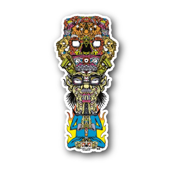 Colorful vinyl sticker of a meditating face with glasses and ornate details