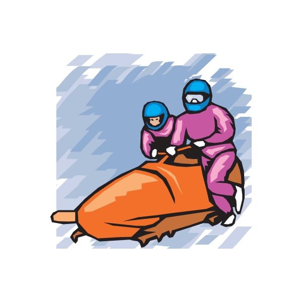 Bobsled team sticker with two racers in pink suits, blue helmets, and an orange sled